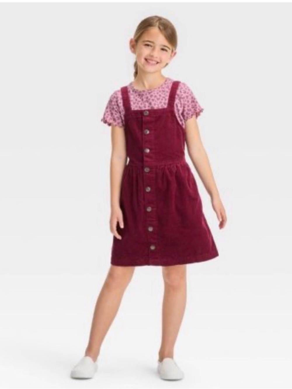 Cat & Jack Girls XL 14 Burgundy Corduroy Button Front Jumper Dress - Picture 6 of 7
